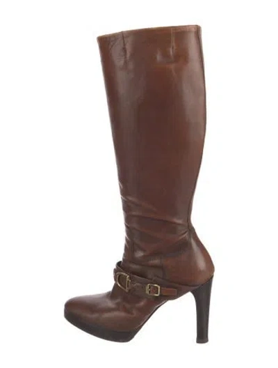 Pre-owned Ralph Lauren Leather Leather Trim Embellishment Boots In Brown