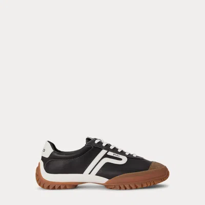 Ralph Lauren Leather Treaded Low-top Sneaker In Black/deckwash White