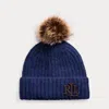 Ralph Lauren Leather-trim Pom-pom Rib-knit Beanie In Blue