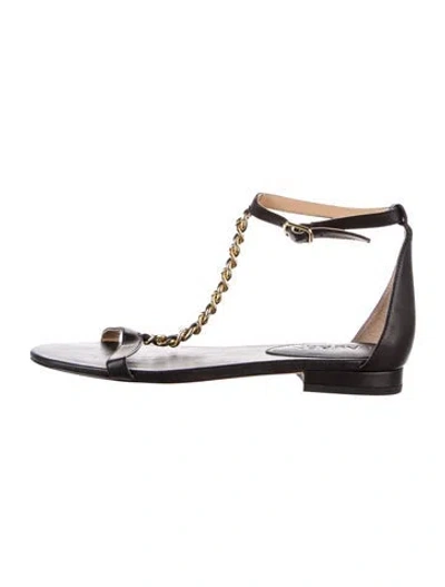 Pre-owned Ralph Lauren Leather T-strap Sandals In Black