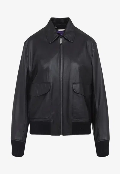 Ralph Lauren Leather Zip-up Bomber Jacket In Black