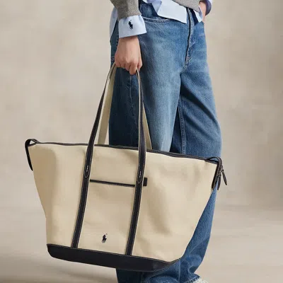 Polo Ralph Lauren Leather-trim Canvas Large Shopper Tote In Ecru/navy In Multi