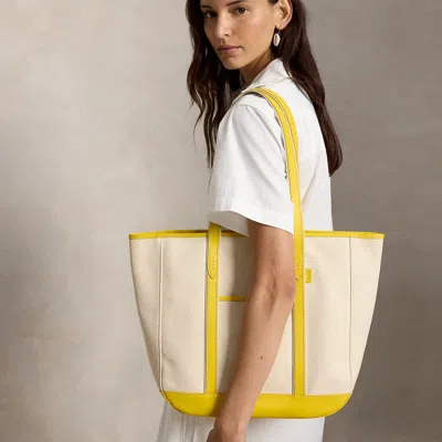 Polo Ralph Lauren Leather-trim Canvas Medium Shopper Tote In Ecru/racing Yellow
