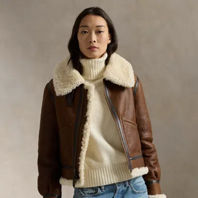 Polo Ralph Lauren Leather-trim Shearling Aviator Jacket In Brown/cream