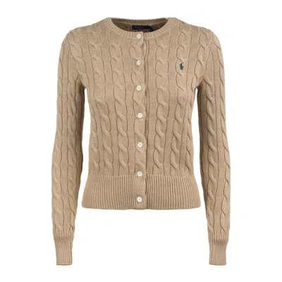 RALPH LAUREN RALPH LAUREN LIGHT SADDLE HEATHER COTTON CABLE-KNIT CREW NECK CARDIGAN