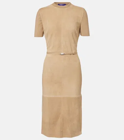 Ralph Lauren Lindsay Suede And Wool-blend Midi Dress In Neutral