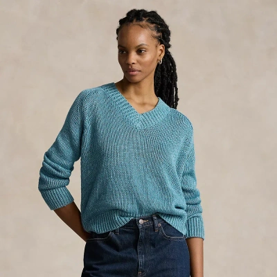 Ralph Lauren Linen-cotton V-neck Sweater In Chambray Delave