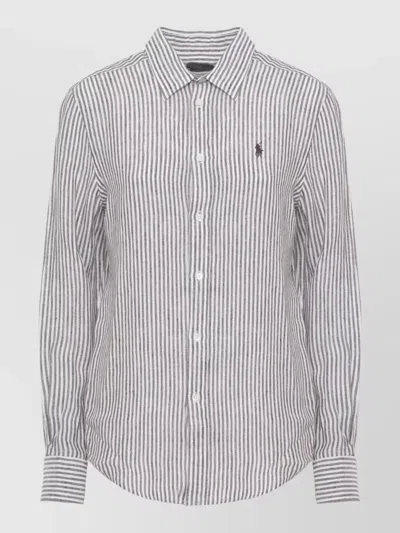 Ralph Lauren Linen Shirt Straight Cut Collar Striped Cuffs In Multi