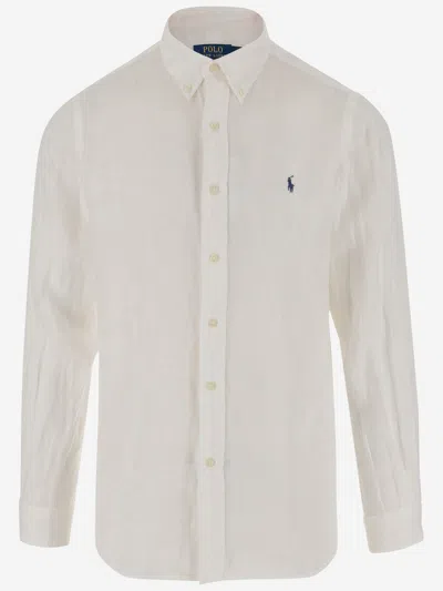 Ralph Lauren Linen Shirt With Logo In Ceramic White