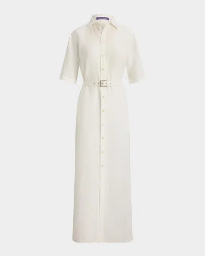Ralph Lauren Linen Short-sleeve Belted Midi Shirtdress In Neutral