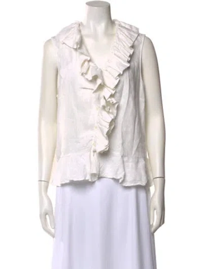 Pre-owned Ralph Lauren Linen V-neck Blouse In White