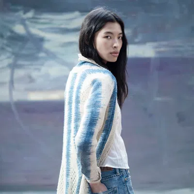 Ralph Lauren Linen-silk Pointelle Duster Cardigan In Natural/blue