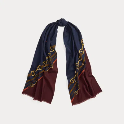 Ralph Lauren Logo Belting-print Wool Scarf In Blue