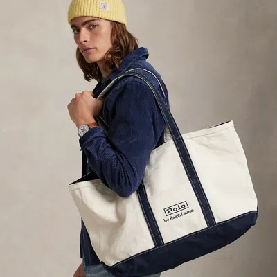 Polo Ralph Lauren Logo Canvas Medium Tote In Cream/navy In Multi