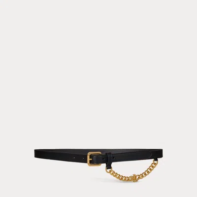 Ralph Lauren Logo-chain Leather Skinny Belt In Black