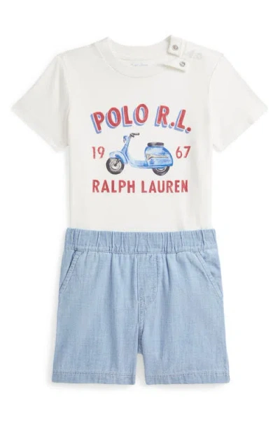 Ralph Lauren Babies'  Logo Cotton Graphic T-shirt & Chambray Short Set In Nevis