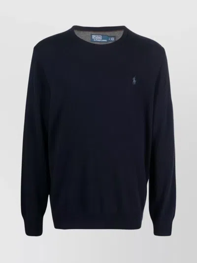 Ralph Lauren Logo Embroidered Crewneck Sweater With Ribbed Finish In Blue