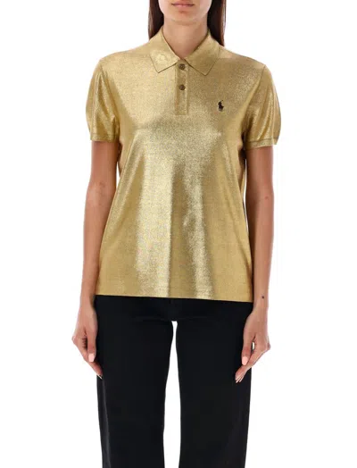 Ralph Lauren Logo Embroidered Metallic Effect Polo Top In Gold
