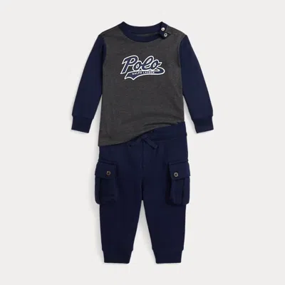 Ralph Lauren Babies'  Logo Jersey Tee & Fleece Jogger Pant Set In Blue
