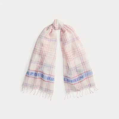 Polo Ralph Lauren Logo Plaid Linen-cotton Scarf In White Multi In Pink
