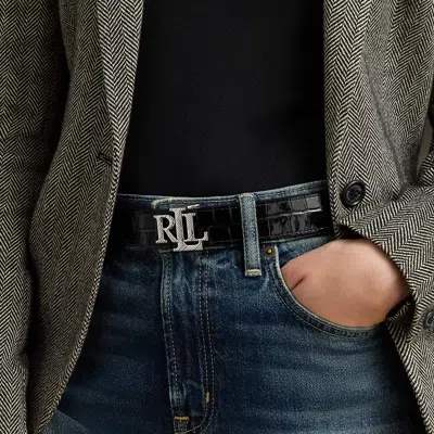 Ralph Lauren Logo Reversible Croc-embossed Belt In Black