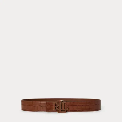 Ralph Lauren Logo Reversible Croc-embossed Wide Belt In Lauren Tan
