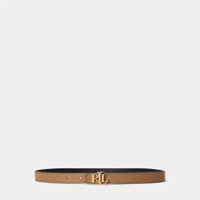 Ralph Lauren Logo Reversible Leather Skinny Belt In Camel/lauren Navy