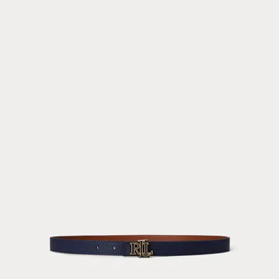 Ralph Lauren Logo Reversible Leather Skinny Belt In Refined Navy/lauren Tan In Blue