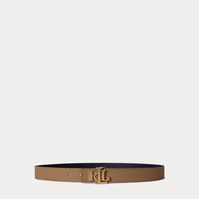 Ralph Lauren Logo Reversible Pebbled Leather Belt In Camel/lauren Navy