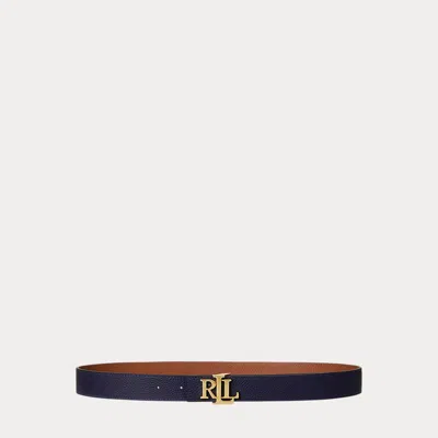 Ralph Lauren Logo Reversible Pebbled Leather Belt In Refined Navy/lauren Tan