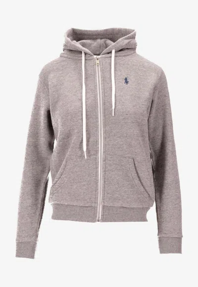Ralph Lauren Logo Zip-up Hooded Sweatshirt In Neutral