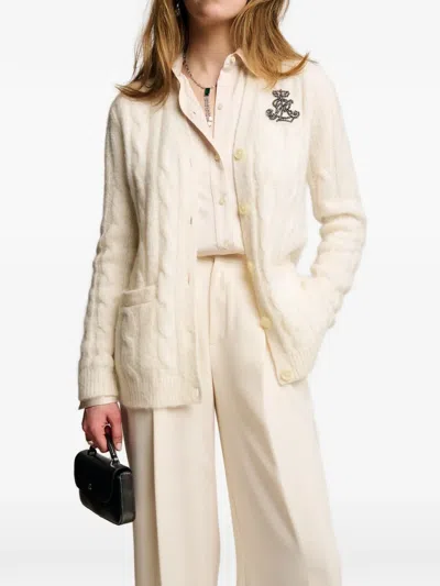 Ralph Lauren Logo-embellished Cable-knit Cardigan In Neutral