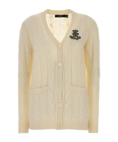 Ralph Lauren Logo-embellished Cable-knit Cardigan In Neutral