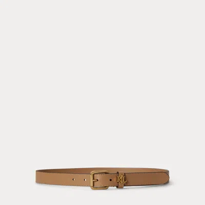 Ralph Lauren Logo-keeper Leather Skinny Belt In Camel
