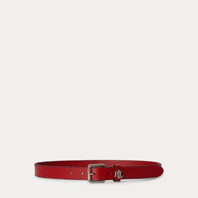Ralph Lauren Logo-keeper Leather Skinny Belt In Festive Red/palladium