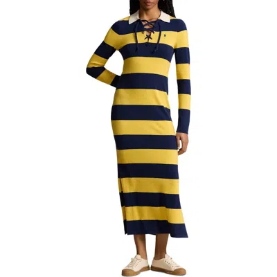 Ralph Lauren Long Sleeve Cashmere Rugby Dress In Navy/gold
