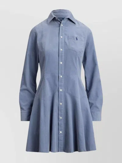 Ralph Lauren Long Sleeve Dress Flared Skirt In Blue