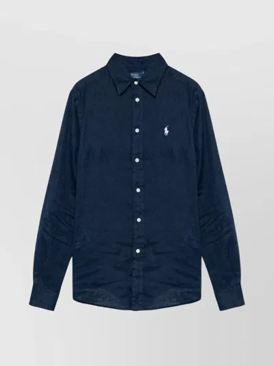 Ralph Lauren Long Sleeve Linen Shirt With Structured Collar In Blue