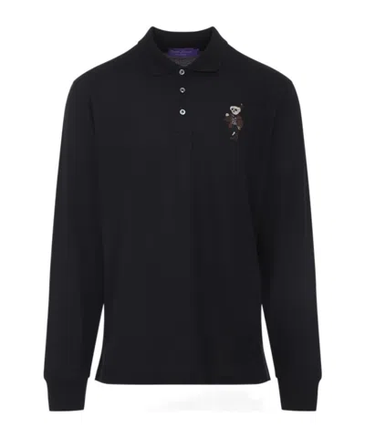 Ralph Lauren Long Sleeve Bear Cardigan With Ribbed Cuffs In Black