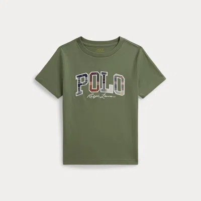 Ralph Lauren Kids' Madras-logo Cotton Jersey Tee In Cargo Green