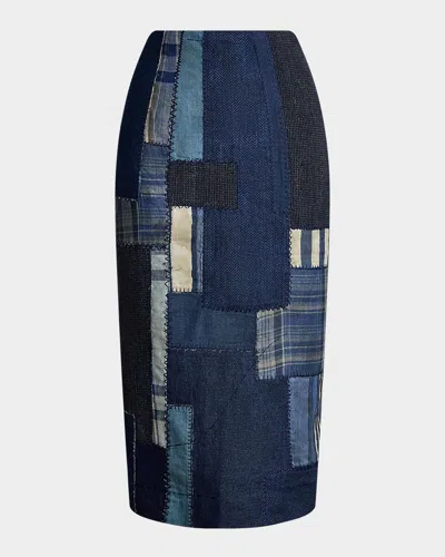 Ralph Lauren Mae Mutli Patchwork Striped Pencil Skirt In Blue