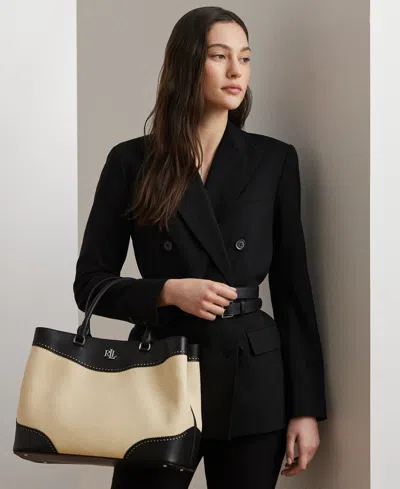 Ralph Lauren Marcy Straw & Leather Satchel In Light Natural,black