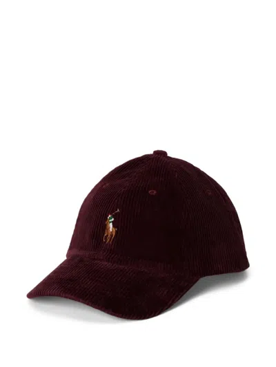 Ralph Lauren Maroon Corduroy Bear Baseball Hat In Burgundy