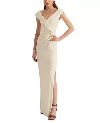 Ralph Lauren Maxi Dress Women's 16 Cream Side Slit Surplice Neck Erk283 In Beige