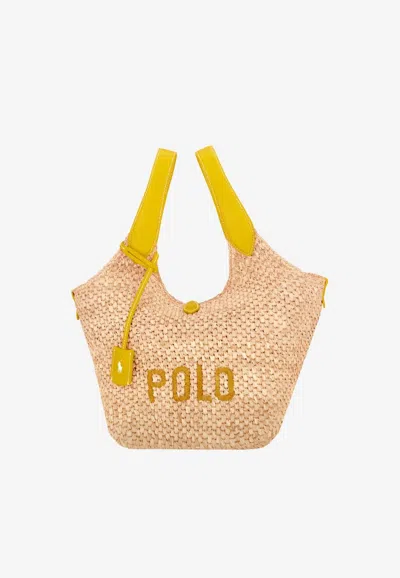 Ralph Lauren Medium Polo Play Raffia And Leather Tote Bag In Brown