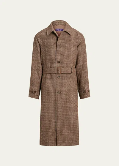 Ralph Lauren Men's Balmacaan Belted Tick-weave Coat In Brown