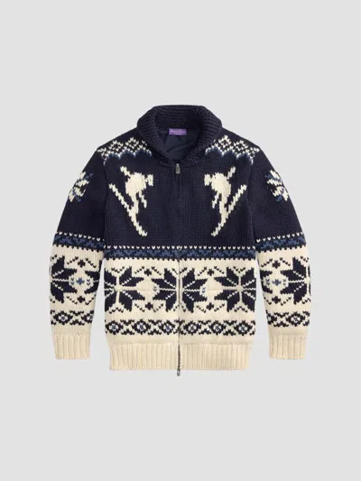Ralph Lauren Patterned-intarsia Shawl-collar Cardigan In Blue