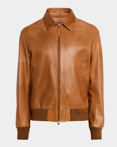 Ralph Lauren Ribbed Leather Bomber Jacket In Brown