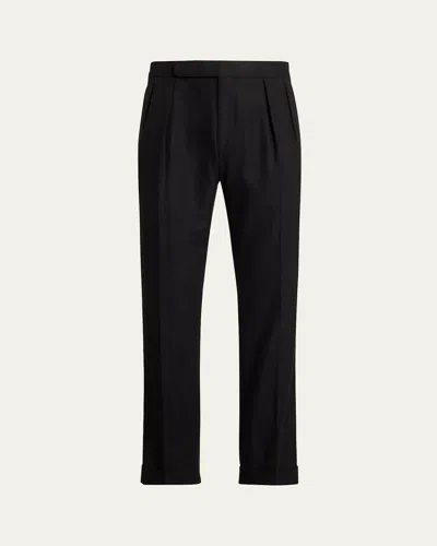 Ralph Lauren Men's Wool Flannel Waist-tab Double-pleated Pants In Black