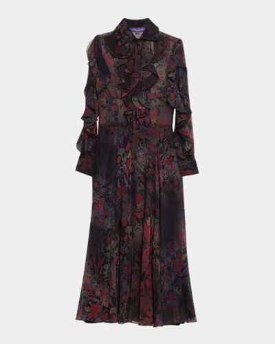 RALPH LAUREN MESH-INSET RUFFLE CHIFFON LONG-SLEEVE MAXI SHIRTDRESS